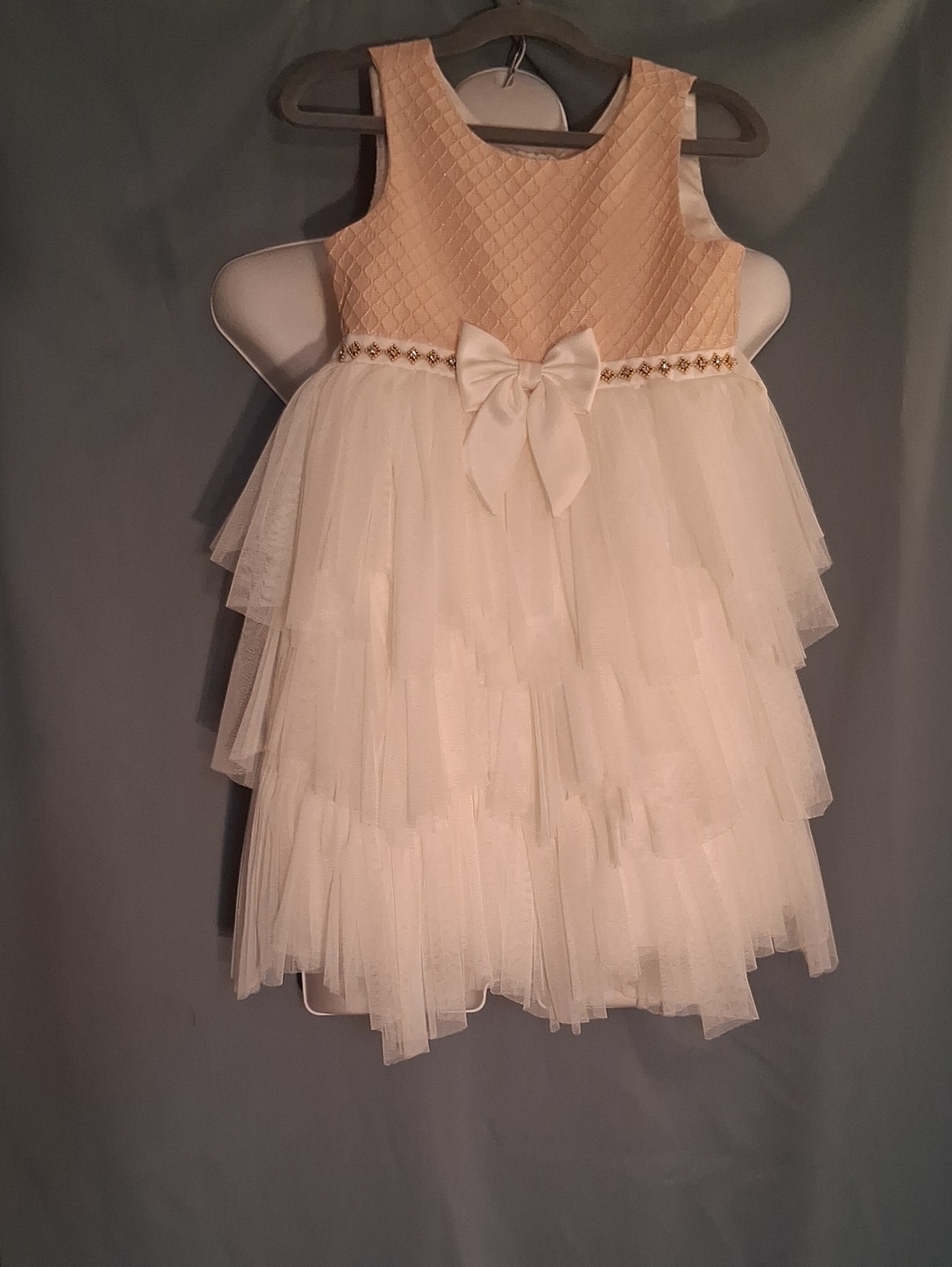 Girls Cream and Ivory Tulle Party Dress with Bow
